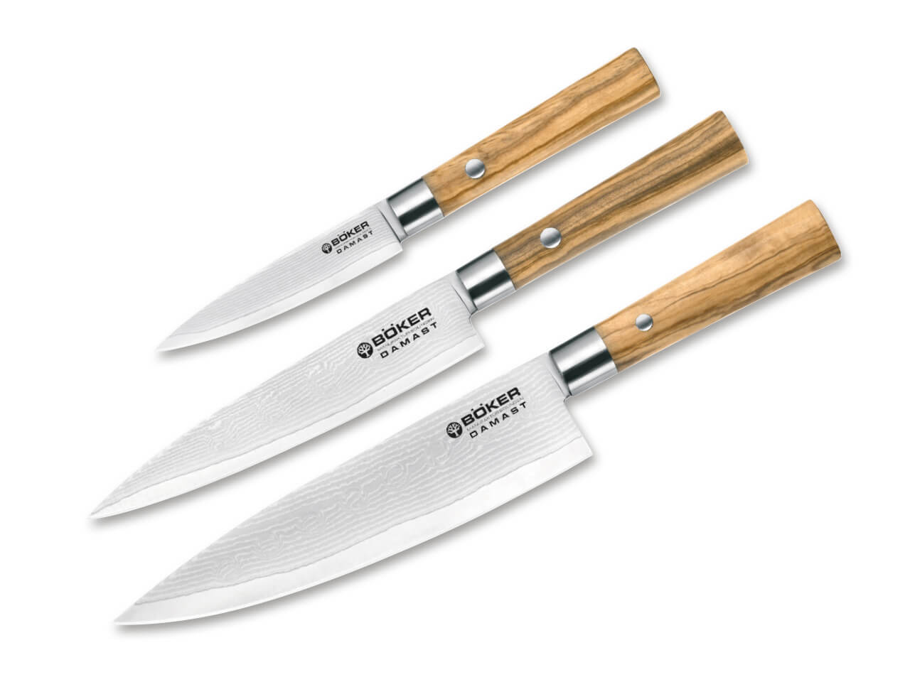 Trio de cuchillos de Cocina Böker Solingen de Olivo Damasco con Toalla