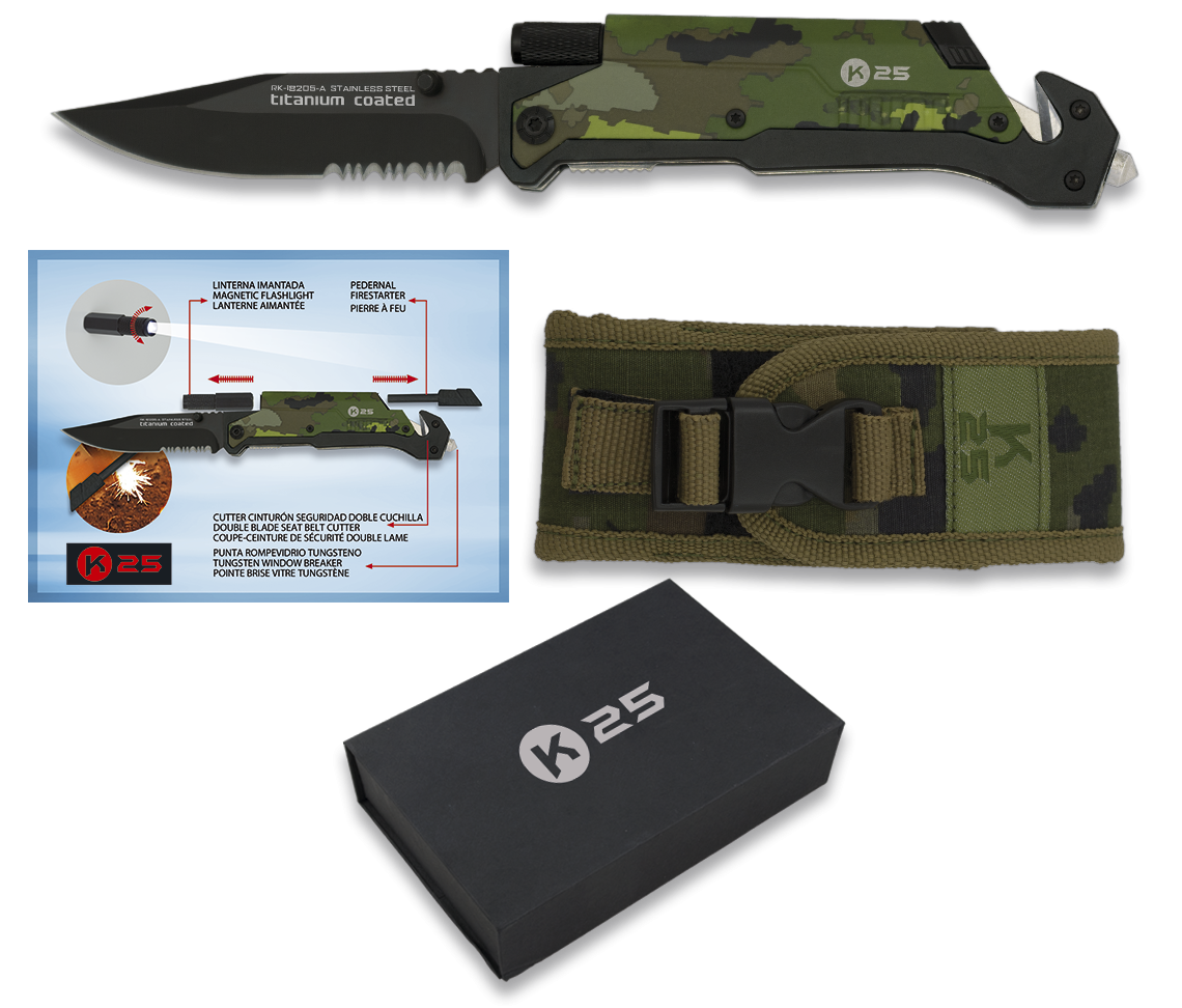 Navaja Táctica Asistida FOS K25 Pedernal con Linterna