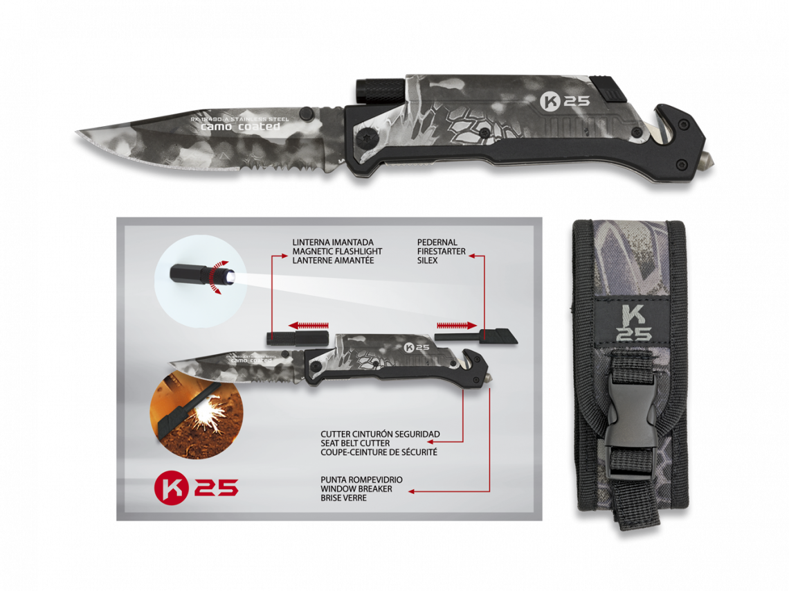 Navaja Táctica Asistida FOS K25 Pedernal con Linterna