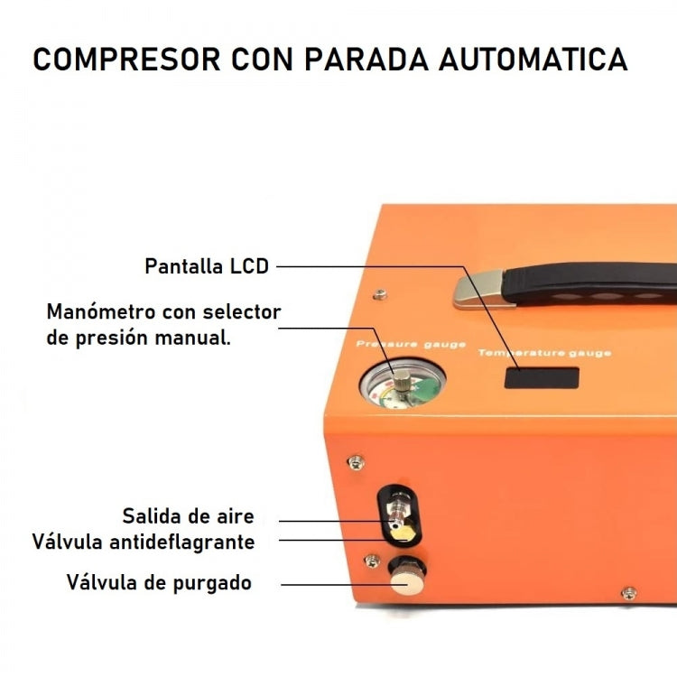Electric Compressor 12v/220v for PCP 300 Bar. 1000cc. (4500PSI/30MPH)