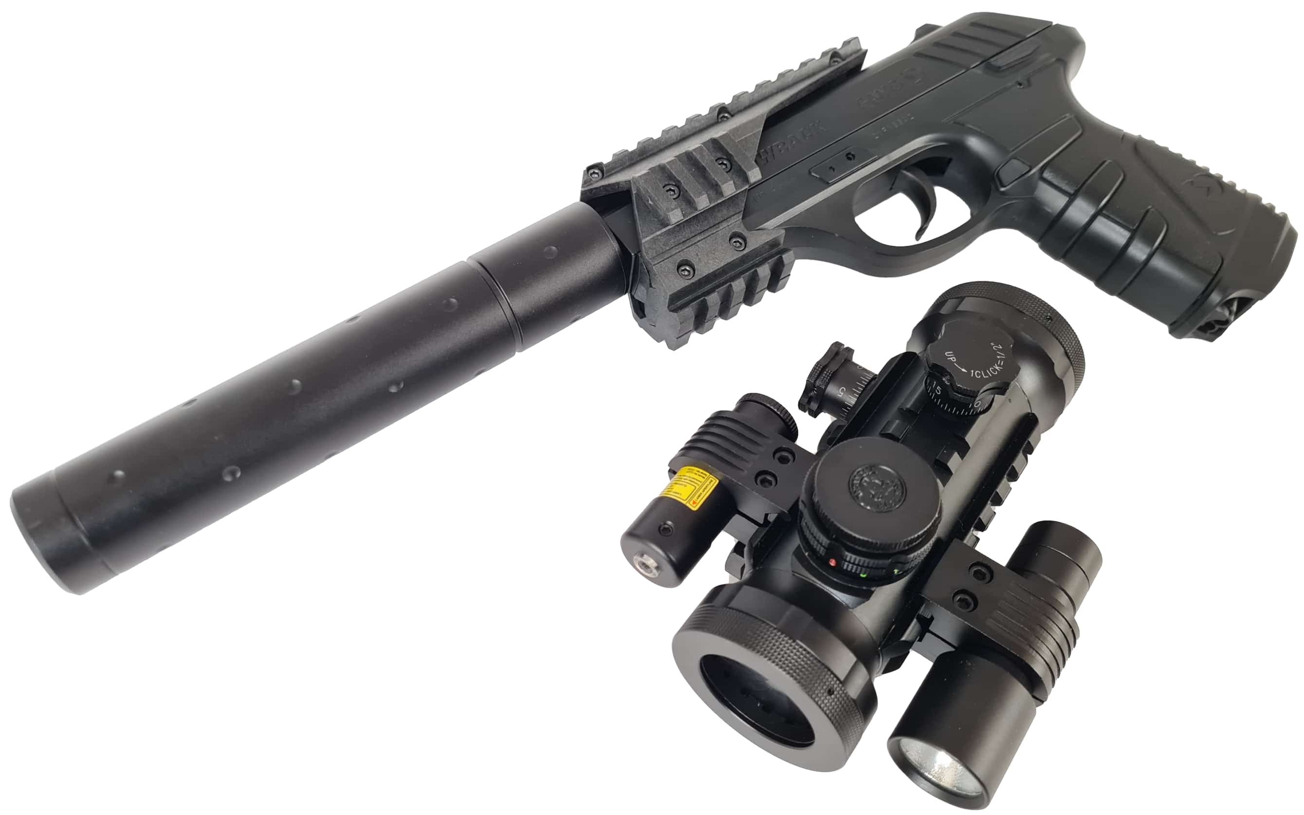 Pack Pistola P-25 Blowback Tactical + Visor + Linterna + Laser